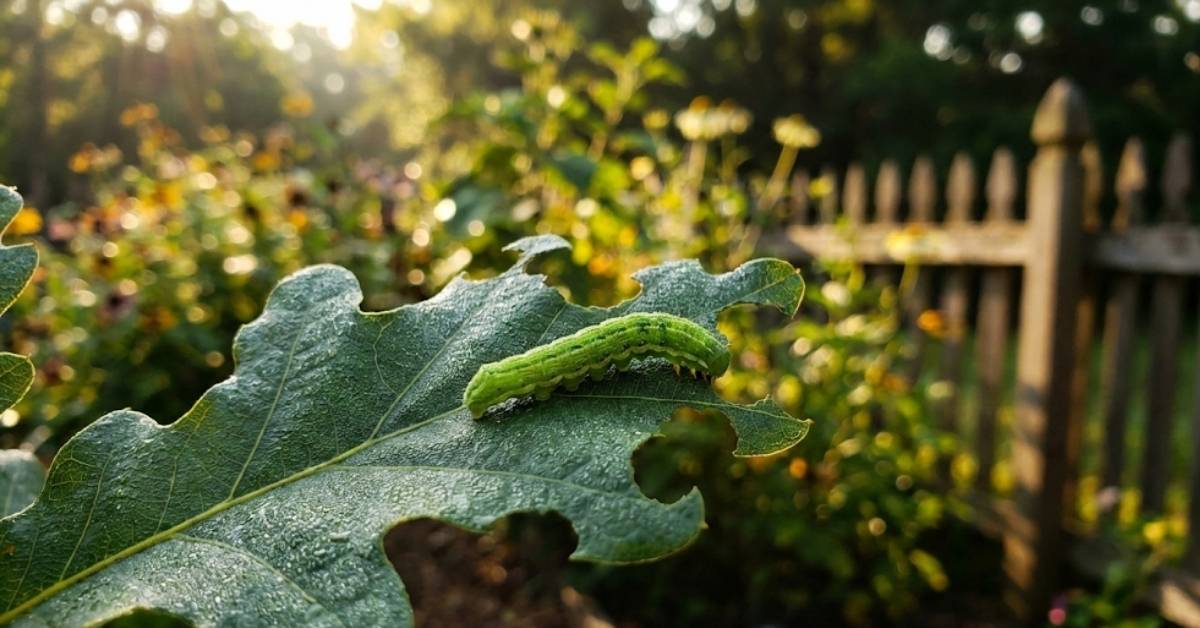 A green caterpillar on a native oak leaf in a sunlit pollinator garden.