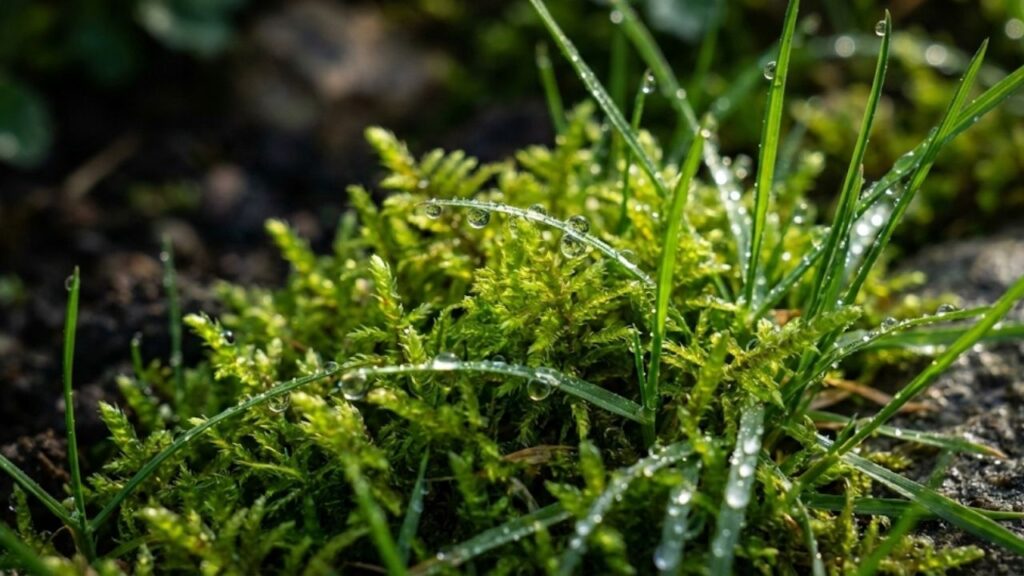 Close-up of lawn moss growing in grass with water droplets showing moss identification