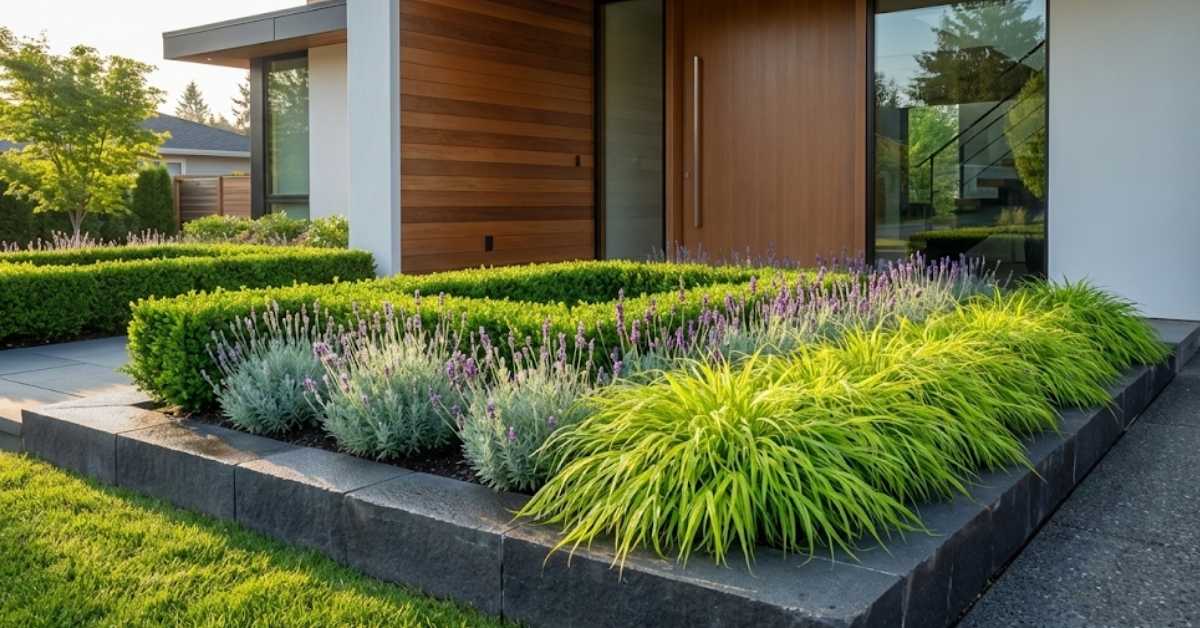 A high-end, low-maintenance front yard garden with Boxwood and Lavender.