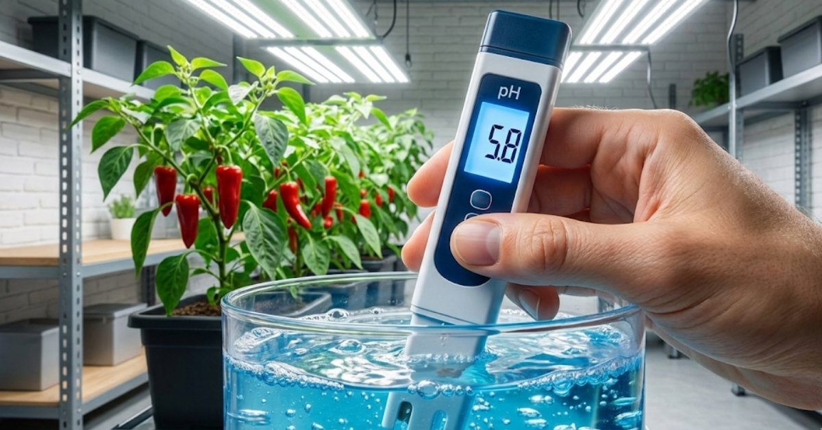 A digital pH meter being used to check the nutrient levels in a home hydroponic system.