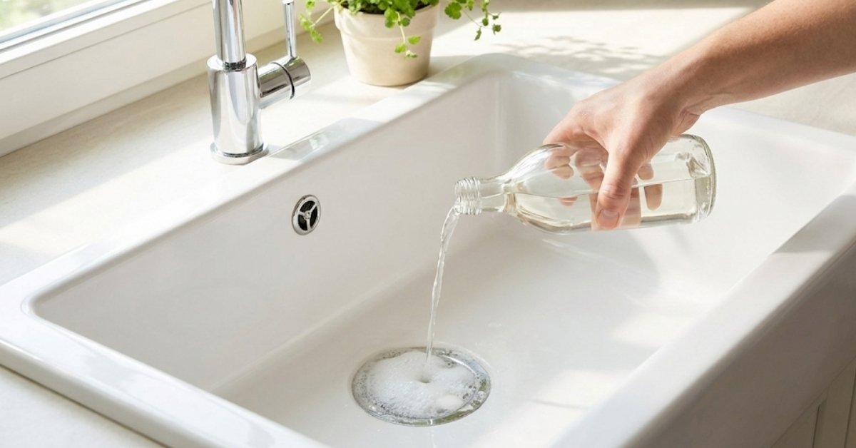 A natural drain cleaner diy method using baking soda and vinegar in a white kitchen sink.