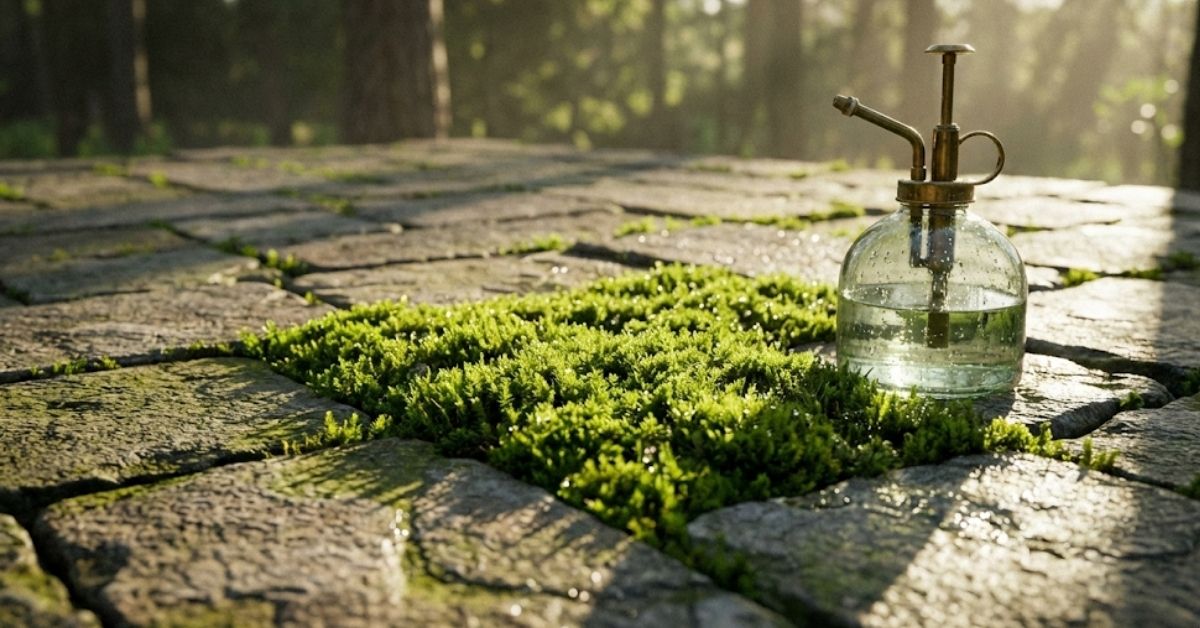 Close-up of green moss on stone pavers with DIY cleaning solution.