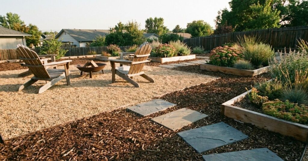 Why Your Perfect Green Lawn Is Actually Ruining Your Backyard Oasis 7 A low-maintenance backyard featuring zones of pea gravel and wood mulch instead of a grass lawn, with seating and a fire pit.