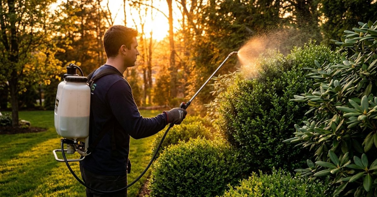 A person spraying backyard bushes for mosquitoes during sunset.