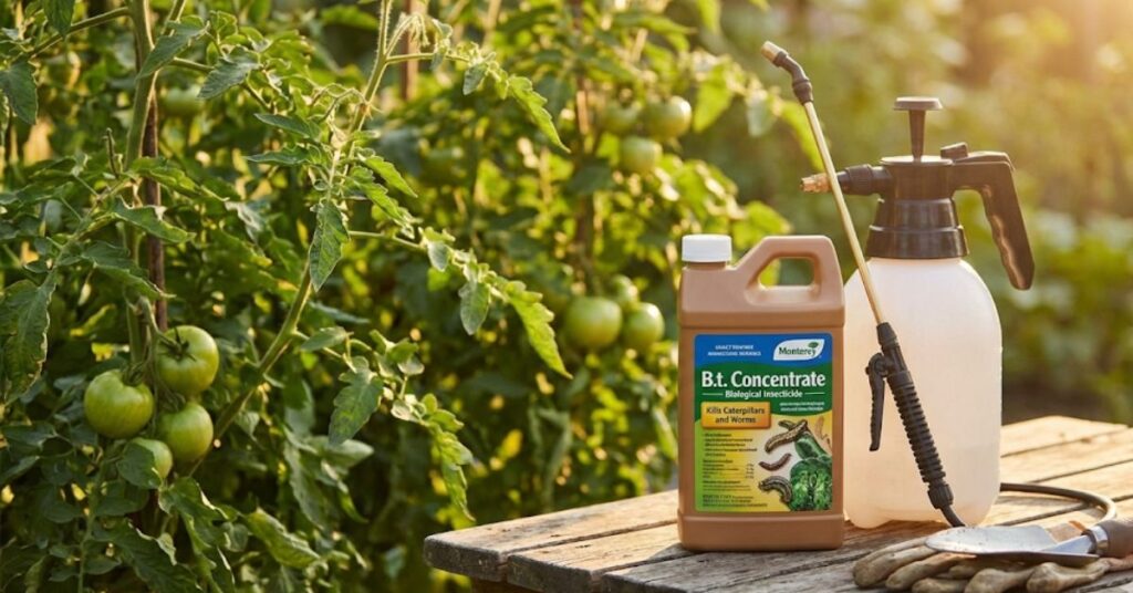 Why Your Tomatoes Are Vanishing Overnight (And the Honest Truth About Hornworms) 3 A bottle of Bt organic pesticide and a garden sprayer.