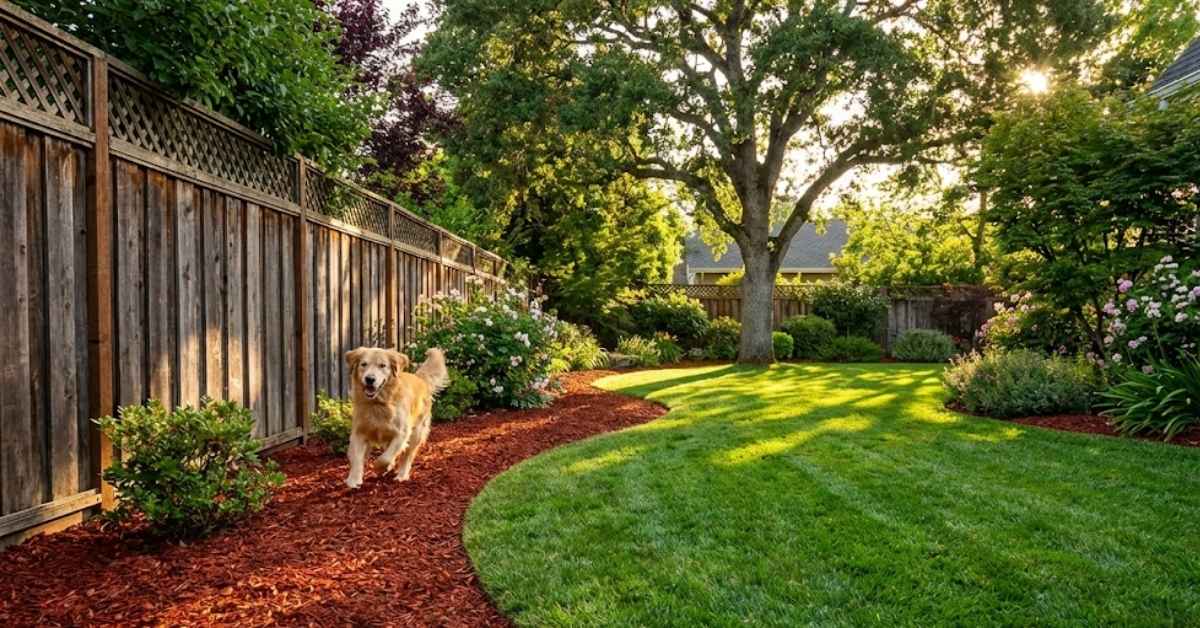 A professional dog track made of cedar mulch in a pet-friendly backyard.