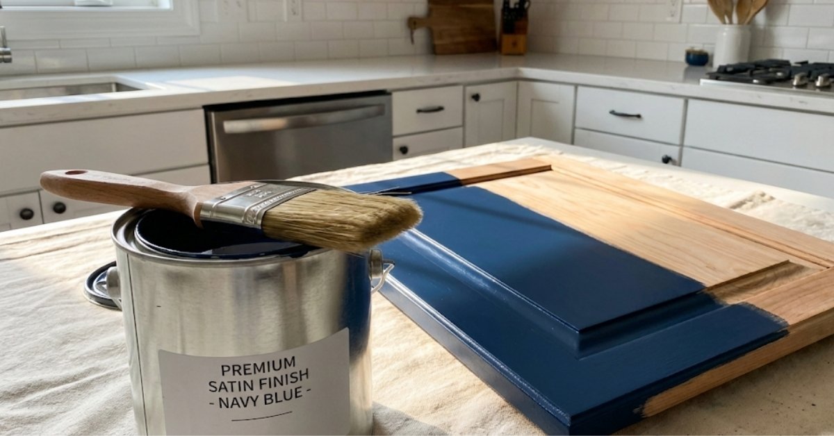 A DIY project showing how to paint kitchen cabinets with navy blue paint and a professional brush in a bright kitchen.