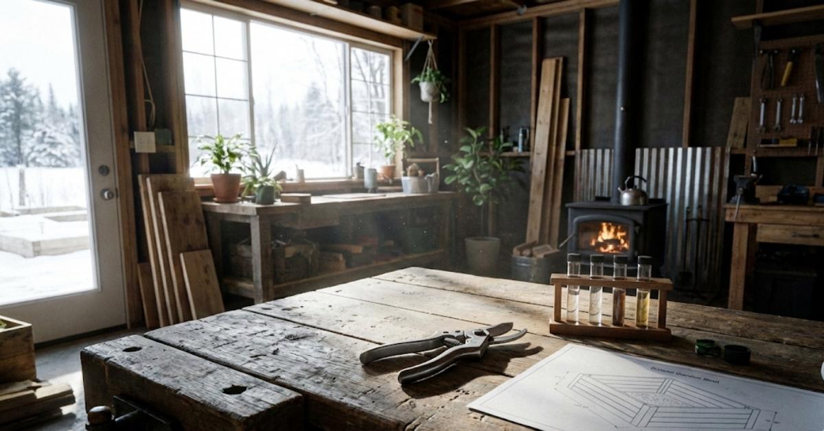 DIY home tool workshop with pruning shears and soil test kit.