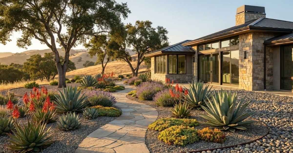 A high-contrast, luxurious backyard showing firescaping landscaping ideas with stone paths, succulent gardens, and clear defensible space zones at sunset.