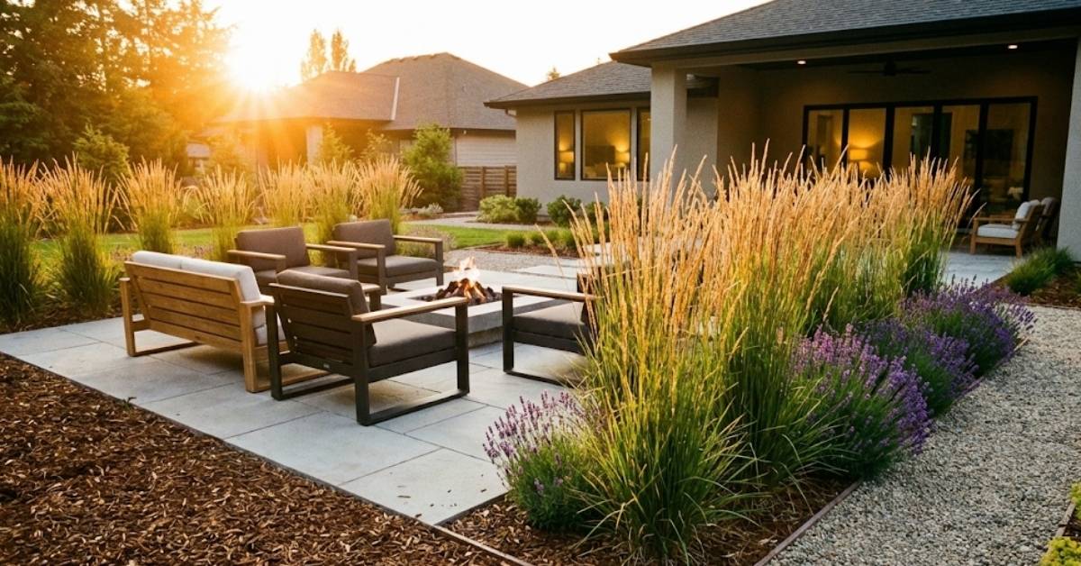 A modern low-maintenance backyard landscaping design featuring a stone patio, fire pit, and native ornamental plants.