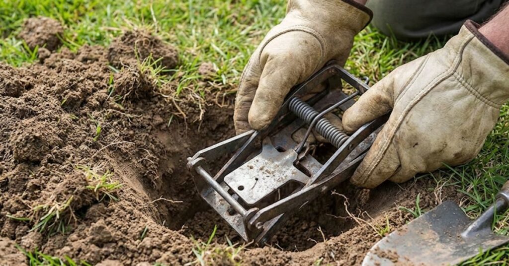 Why Your Lawn Looks Like a Minefield (And the Honest Truth About Vinegar) 4 Setting a metal scissor-style mole trap in an active run.