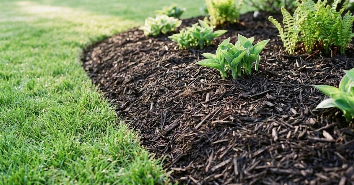 A perfectly edged and mulched garden bed with dark shredded hardwood bark and fresh spring green grass.