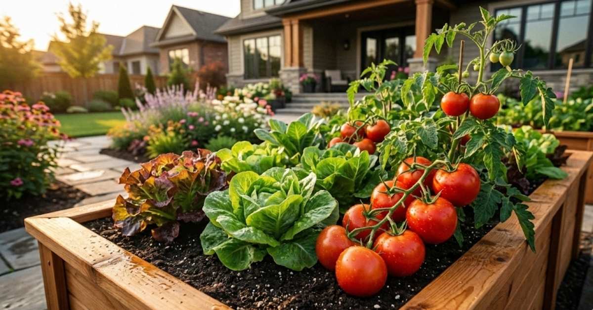 Cedar raised bed garden filled with healthy tomato plants and lettuce growing in rich dark soil