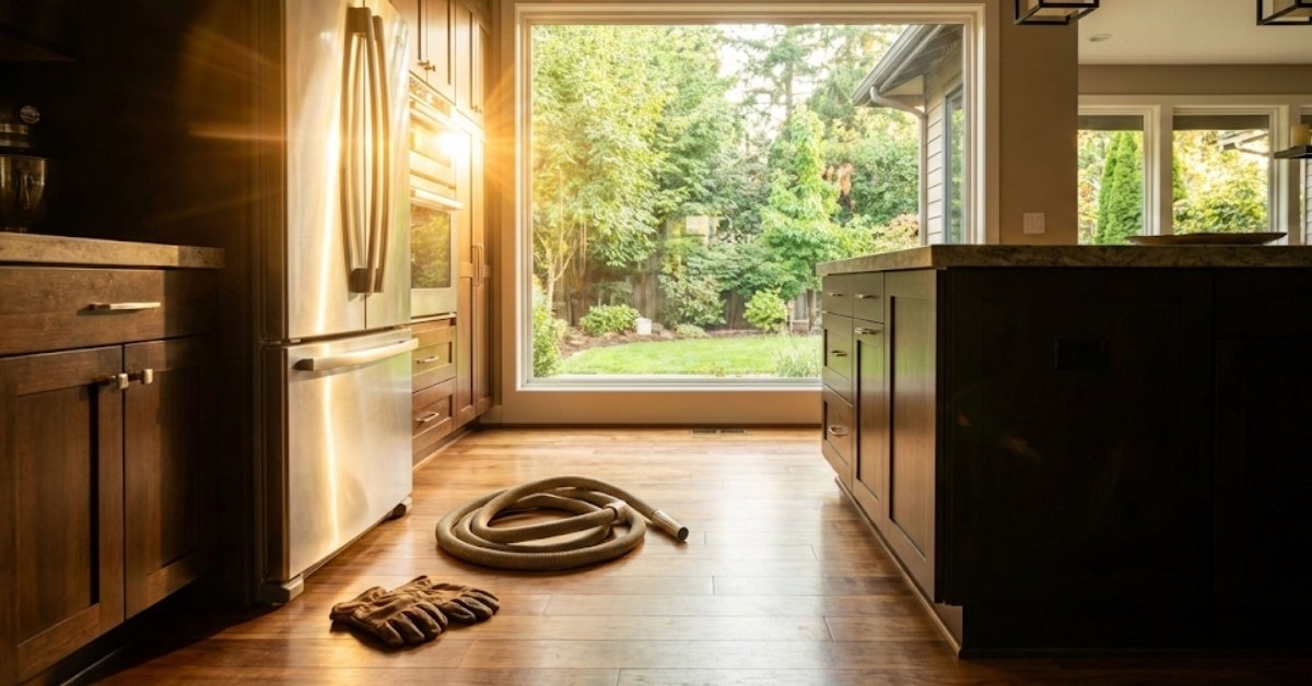 A person preparing to clean refrigerator coils in a modern kitchen to extend appliance longevity.