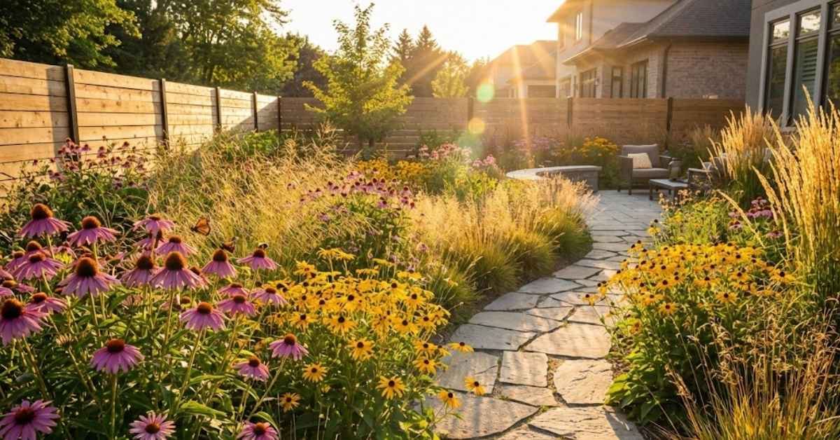 A professionally designed backyard prairie with native wildflowers and grasses replacing a traditional lawn.