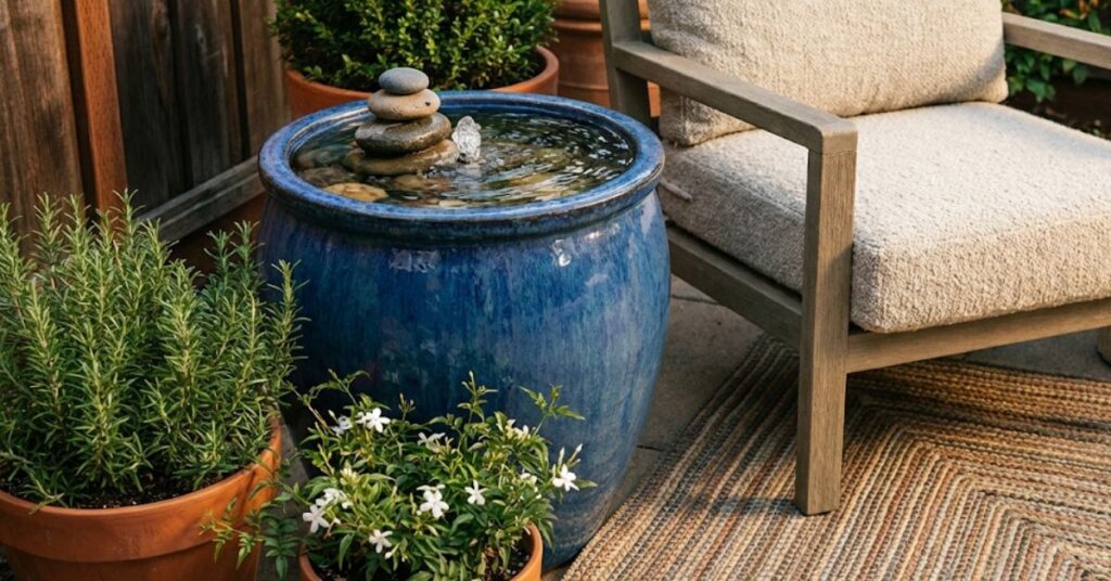 Why Your Perfect Green Lawn Is Actually Ruining Your Backyard Oasis 9 A sensory backyard patio corner featuring a bubbling ceramic pot water fountain, potted fragrant rosemary, and a textured outdoor rug.