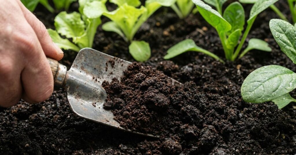 Don’t Dump the Grounds: The Truth About Coffee Grounds in Garden Soil and Acidifying Naturally 2 Mixing used coffee grounds into garden soil with a trowel.