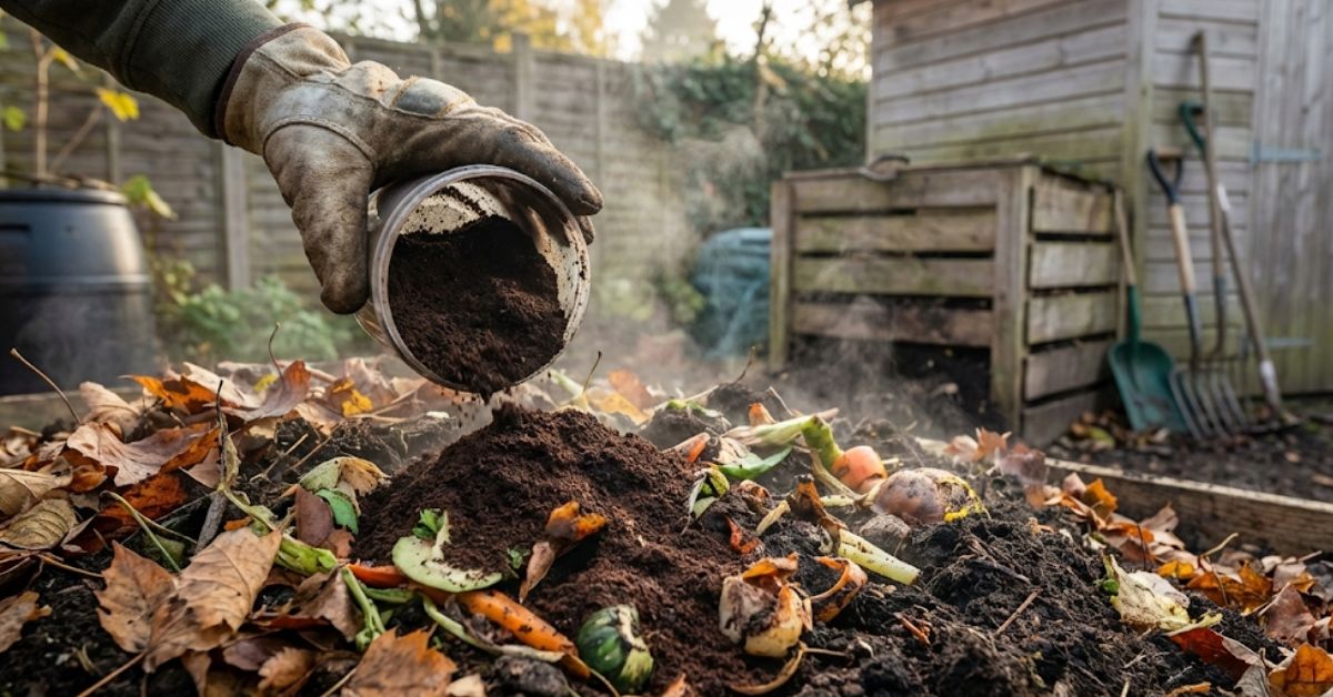 Mixing used coffee grounds into garden soil with a trowel.
