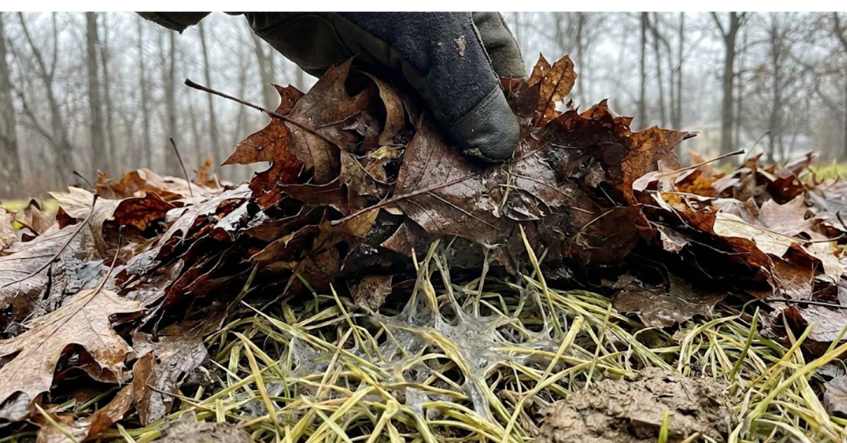 Wet brown leaves matted on dormant grass with a rake nearby.