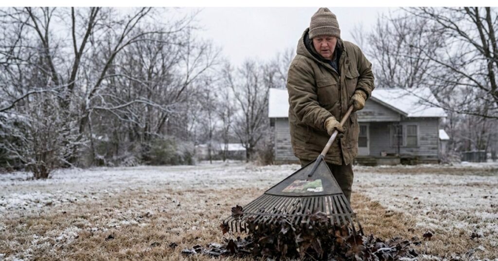 Stop Leaving Your Lawn to Rot: The Grumpy Truth About Clearing Leaves in Winter 2 Wet brown leaves matted on dormant grass with a rake nearby.