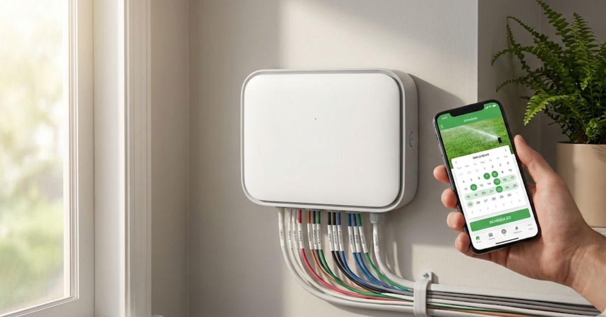 A homeowner using a smartphone to control a wifi sprinkler system.