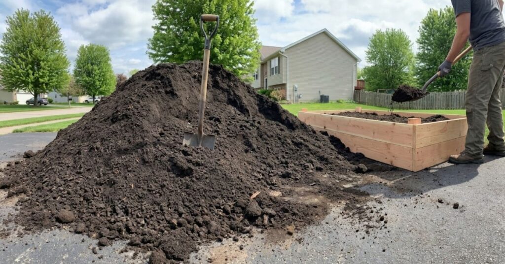Stop the Guesswork: The Grumpy Guide to Using a Soil Calculator for Raised Beds 2 Filling a new wooden raised garden bed with a nutrient-rich soil mixture.