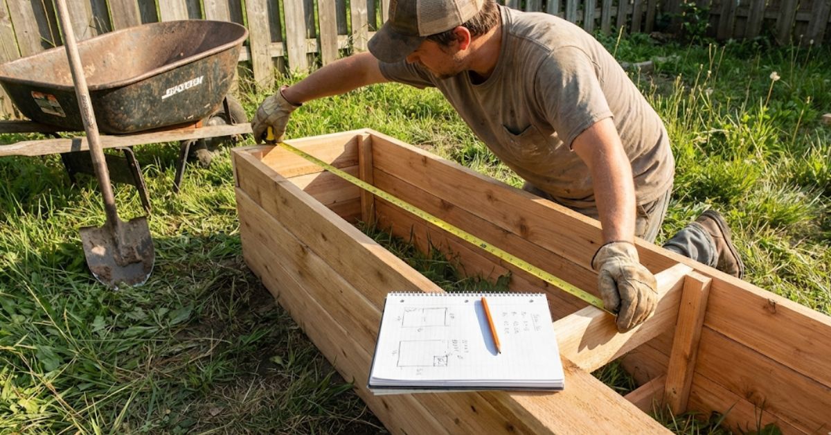 Filling a new wooden raised garden bed with a nutrient-rich soil mixture.