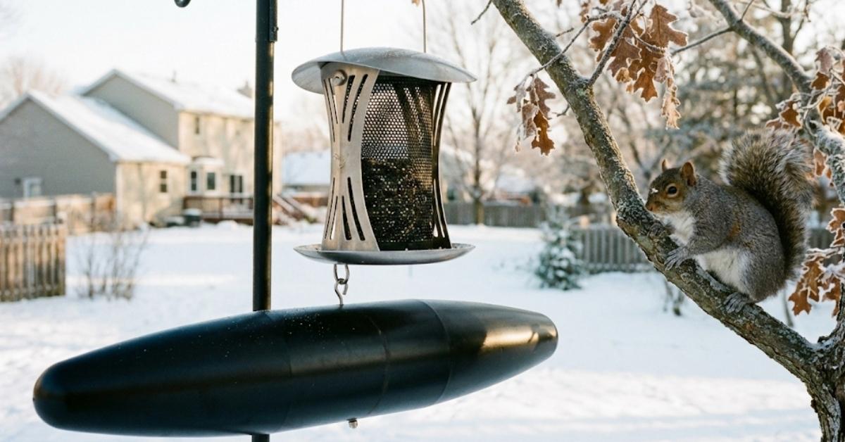 A gray squirrel looking at a bird feeder protected by a pole baffle.