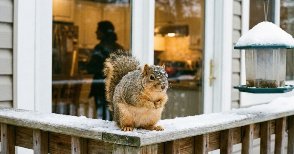 Biting Cold and Busy Bodies: The Surprising Reason Squirrels Never Actually Sleep Through Winter 6 Squirrel begging for food on a snowy deck near a window.