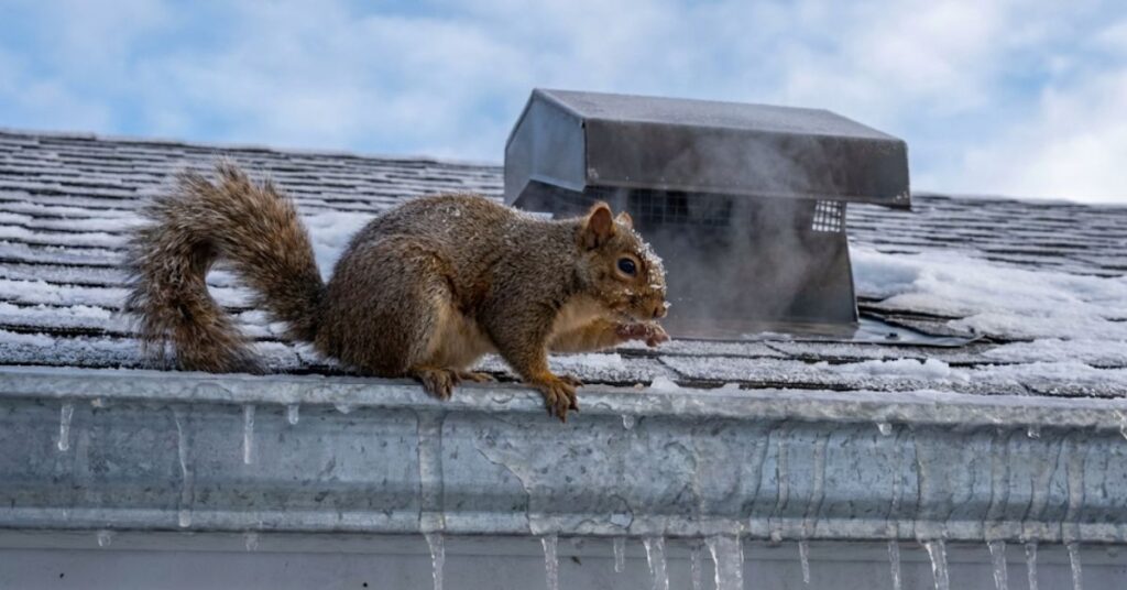 Biting Cold and Busy Bodies: The Surprising Reason Squirrels Never Actually Sleep Through Winter 7 Squirrel on icy roof checking a vent looking for a way inside.