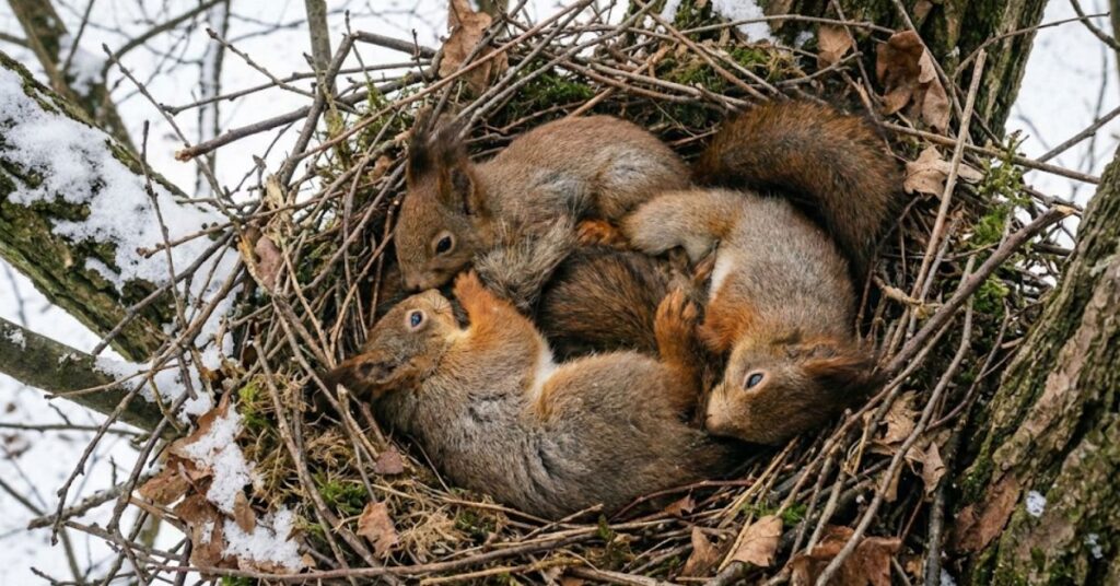 Biting Cold and Busy Bodies: The Surprising Reason Squirrels Never Actually Sleep Through Winter 4 Multiple squirrels huddling together inside a leaf nest (drey) for winter warmth.