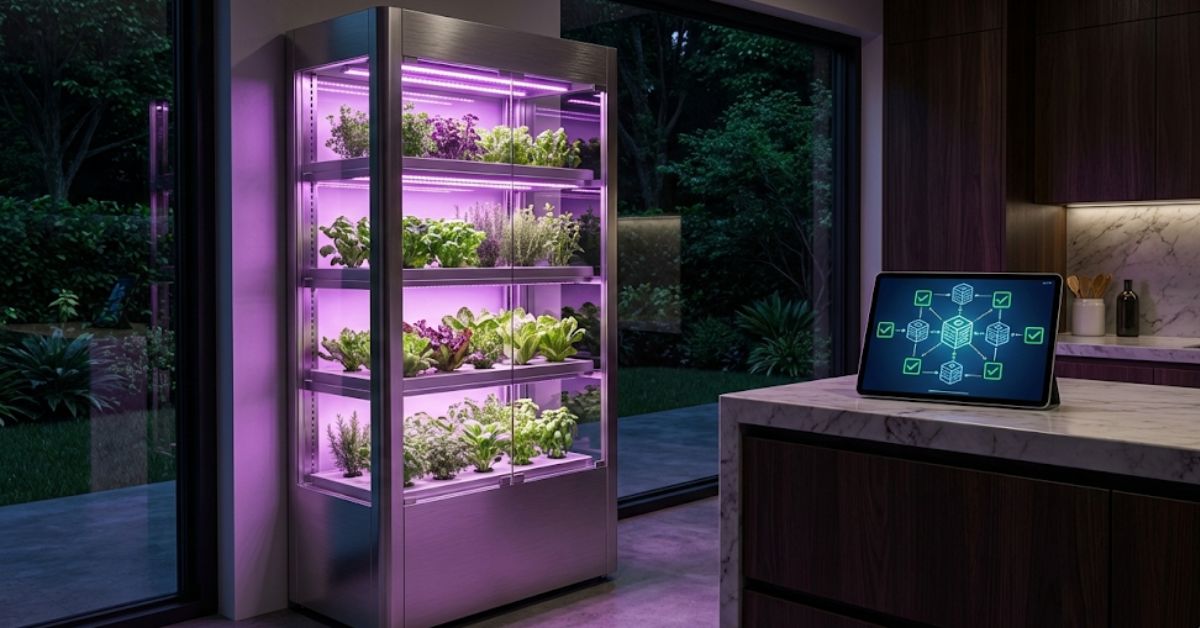 A high-tech 2026 home hydroponic system using blockchain to verify plant health and safety.