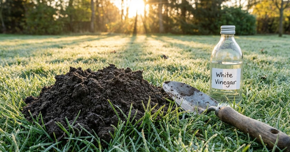 A fresh molehill in a green lawn with a bottle of vinegar nearby.