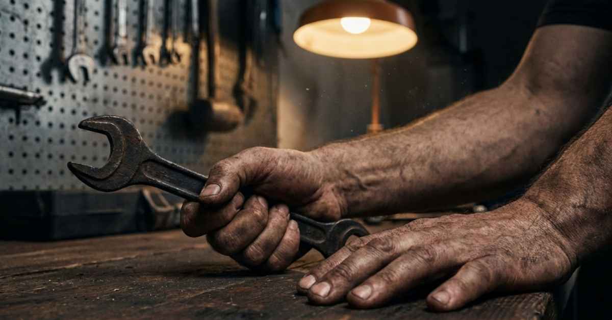 Weathered hands on a workbench signifying a firm boundary and refusal.