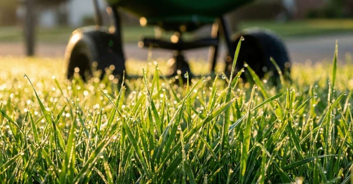 Close up of healthy green grass blades with dew and garden spreader.