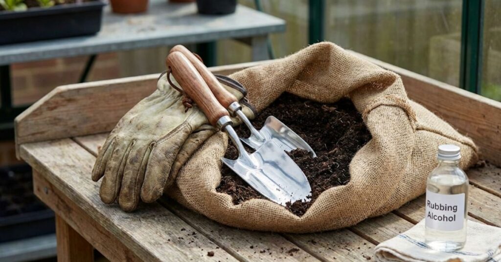 Why Your Tomatoes Are Vanishing Overnight (And the Honest Truth About Hornworms) 4 Clean garden tools and organic soil bags in a potting shed.