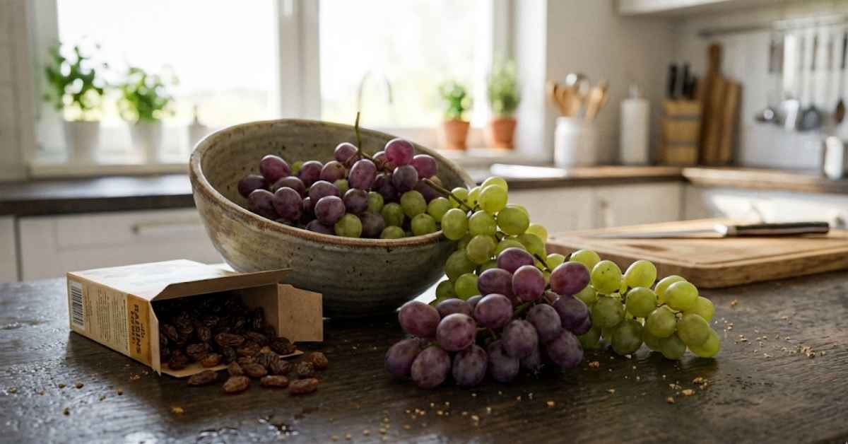 A bunch of grapes and a box of raisins on a kitchen counter.
