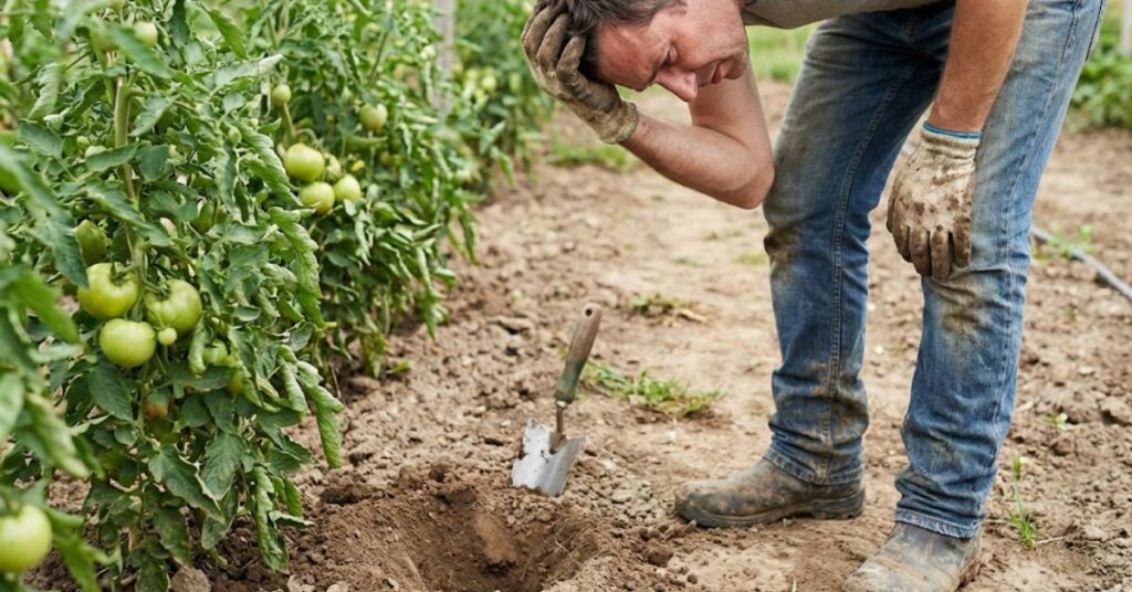 Why Your Garden Is a Chipmunk Buffet (And How to End the Party) 8 A confused gardener looking at a fresh pest hole in the soil, scratching their head.