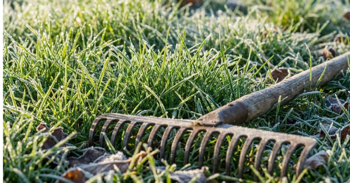 Close up of green grass and a rake for snow mold treatment in spring 2026