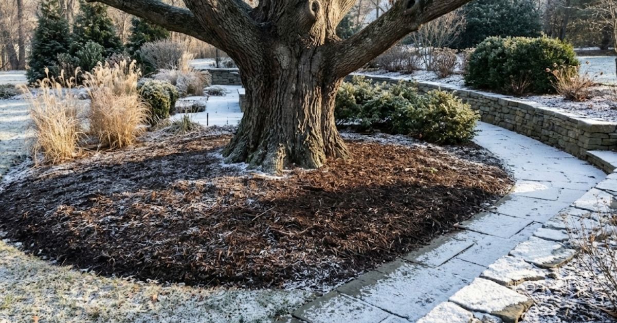 A professionally mulched garden bed in winter protecting tree roots from frost