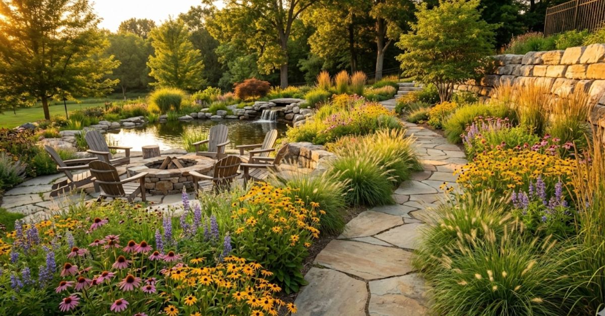 A beautiful native plant landscape with wildflowers and stone paths 2026