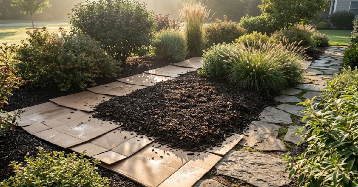 A backyard being sheet mulched with cardboard and wood chips in 2026