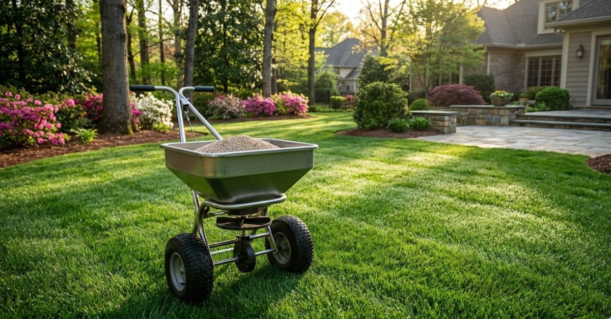 A broadcast spreader on a green lawn for early spring fertilizer application.