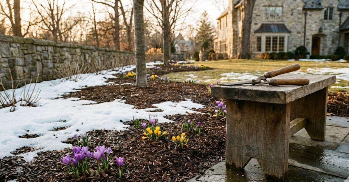 A late winter garden with crocuses and pruning shears in 2026.