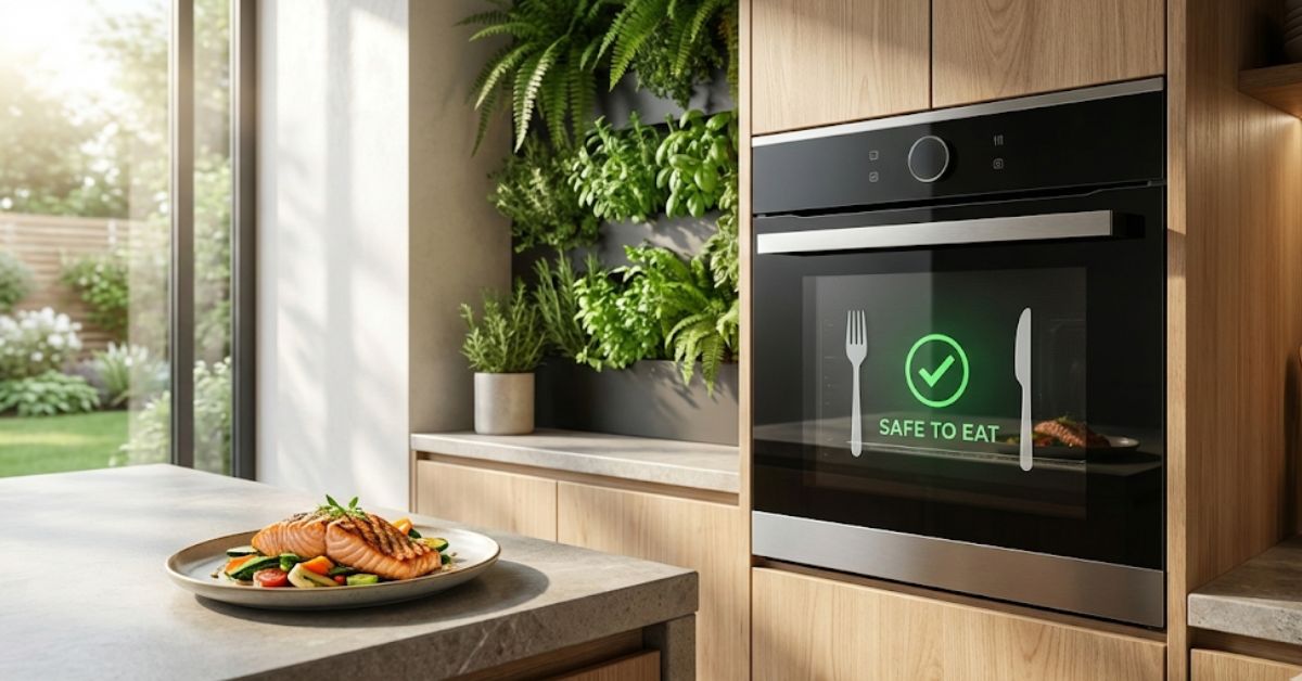 A smart oven with a built-in food allergen detection screen.
