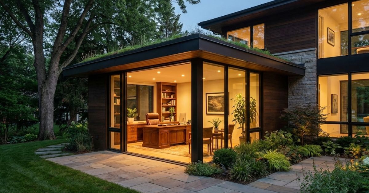 A modern garage conversion into a high-end home office space in 2026.