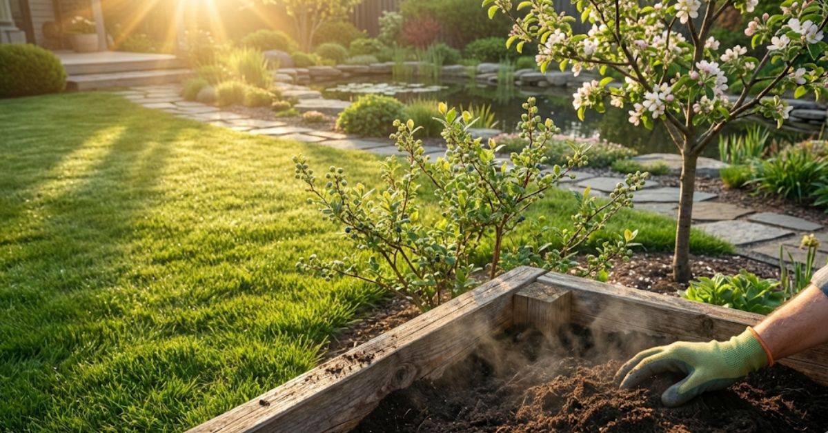 A homeowner prepping a vegetable garden bed with dark compost in early spring.