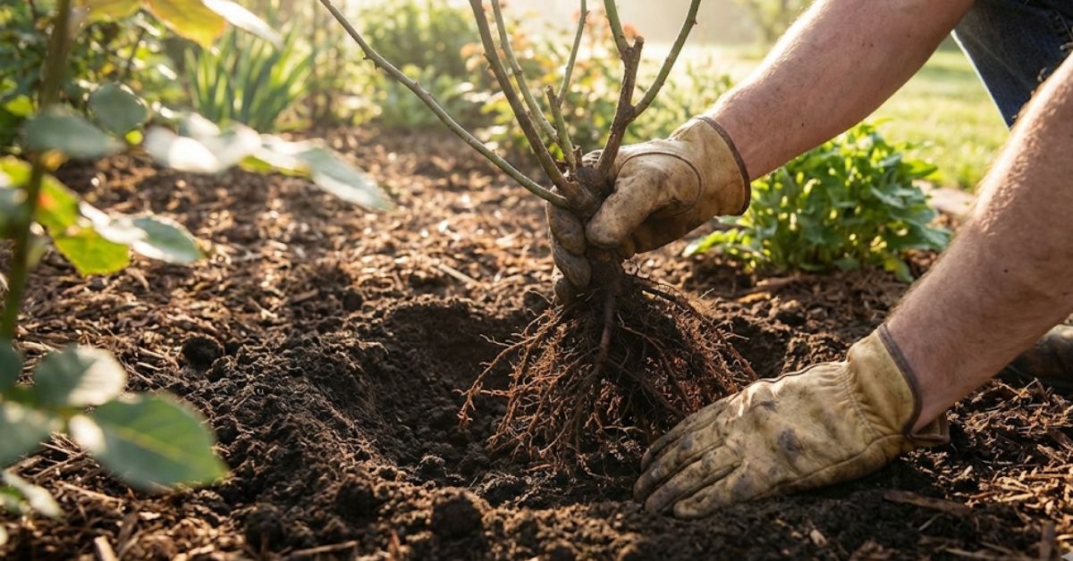 A gardener planting a bare root rose in a sunny spring garden