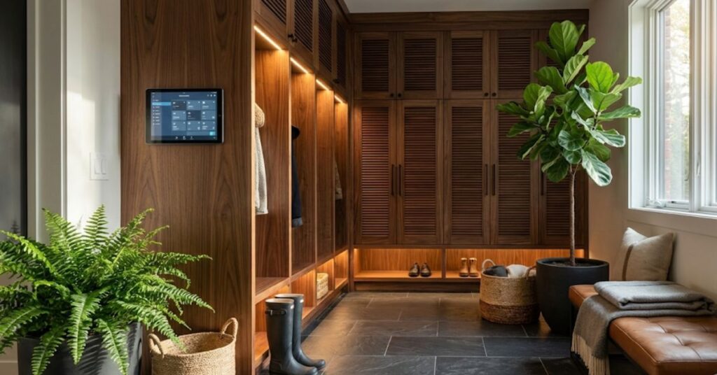 Stop the Entryway Chaos: Why Every 2026 Home Needs a Smart Mudroom 2 A high-end smart mudroom with integrated organization and technology in 2026
