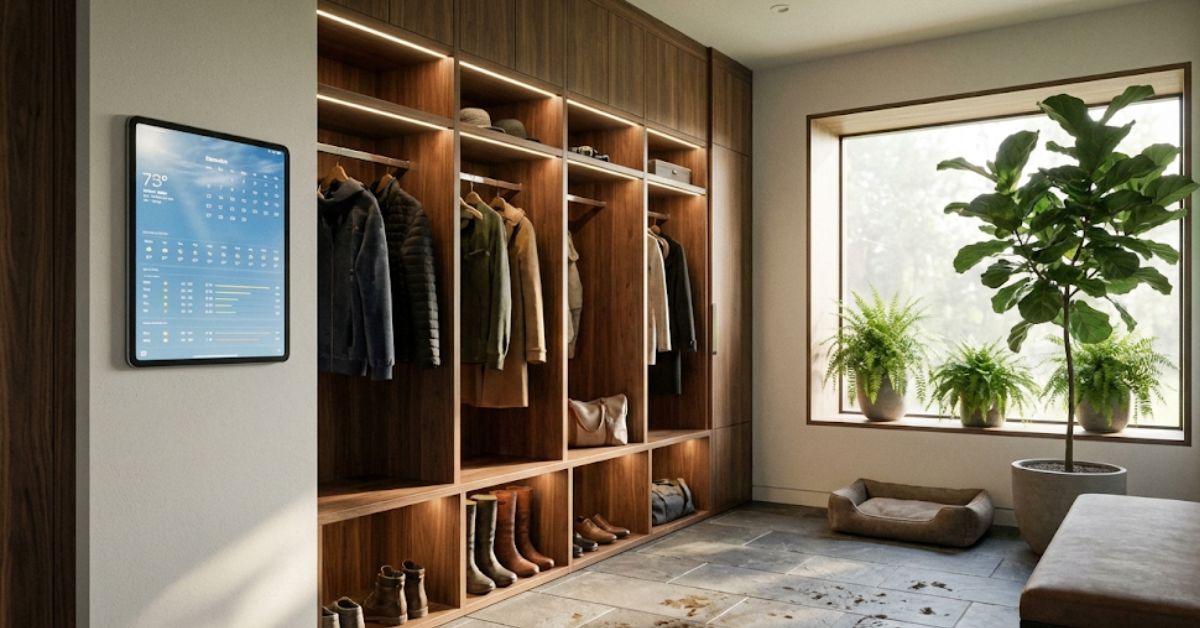 A high-end smart mudroom with integrated organization and technology in 2026